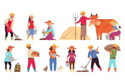 Farmer characters. Gardening working women, farmers in village work. H