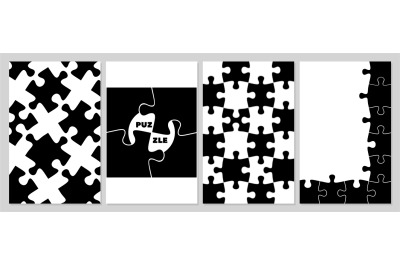 Business puzzle covers. Pieces puzzles, black white abstract banners.