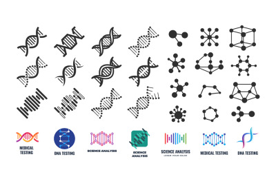 DNA molecular structure. Molecule icons&2C; isolated lab signs. Chemical