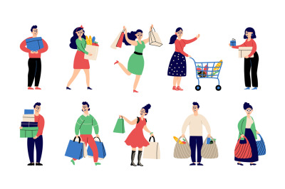 Flat people on shopping. Shop person, woman with present. Retail shopp