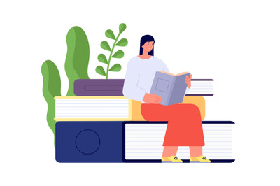 Reading book concept. Girl holding books, female sits on textbooks pil