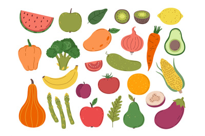 Doodle farm vegetables fruits. Colorful vegetable, flat diet carrot le