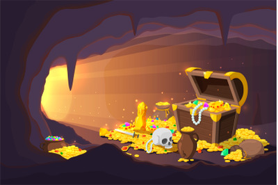 Treasure cave. Fantasy game location, cartoon mine with old gold coins