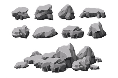 Cartoon stones. Broken rock, stone pile 3d design. Isolated rocks, bou