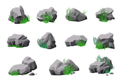 Stones in grass. Cartoon natural mountain stone, granite design with g