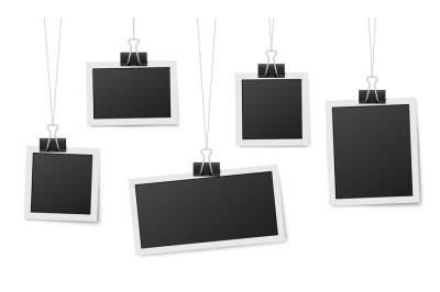 Frames hang on clips. Photo frame hanging, photos clothespin and rope.