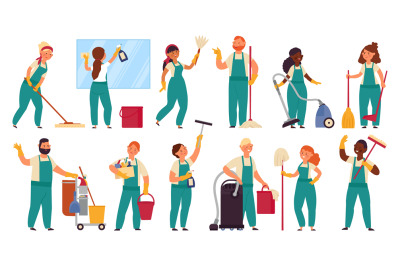 Cleaning service characters. Person uniform, cleaner employee with buc