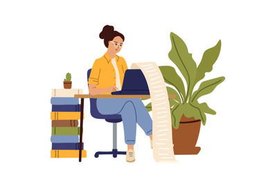 Accountant character. Woman writing on computer, long checklist. Write