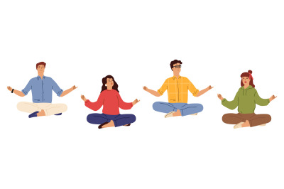 Business people meditation. Happy men women in casual wear meditating.