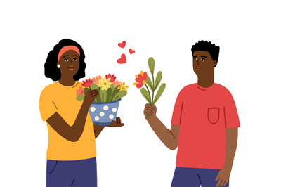 Couple with flowers. People in love holding bouquets. Garden character