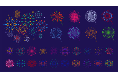 Firework collection. Color fireworks, festive fires. Bright colorful l