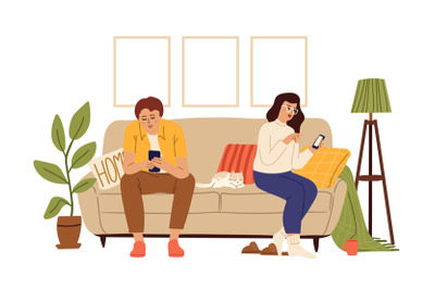 Gadget addiction. Couple using smartphones&2C; woman man cat sitting on s