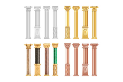 Gold white bronze columns. Realistic malachite stone and golden antiqu