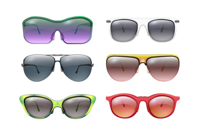 Isolated sunglasses. Colorful sunglass, realistic bright frames. Plast