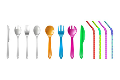 Plastic cutlery and straws. Drink straw, colorful reusable fork knife