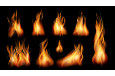 Realistic fire. Bright flames&2C; fires flame isolated on black. Smoke ef