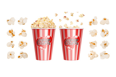 Realistic popcorn. Cinema snack, red stripes bowl for popcorns. Isolat