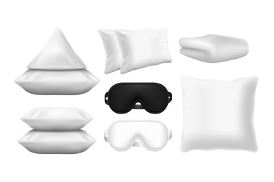 Realistic sleep accessories. Sleeping mask&2C; pillow&2C; blanket. White ele