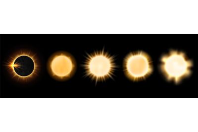 Realistic sun. Shine suns, different intense sunlights and eclipse. Se