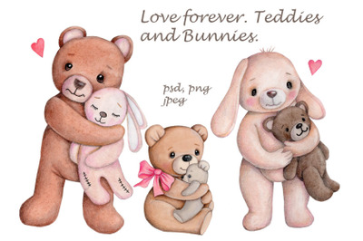 Teddy and Bunny: love forever. Watercolor.