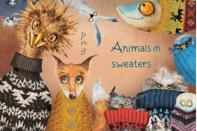 Illustrations of animals in sweaters
