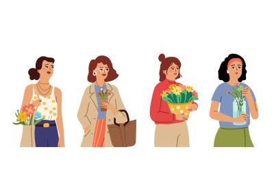 Women with flowers. Bouquet flower, gardener characters. Summer floral