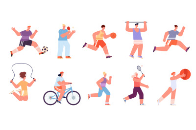 Sport workout characters. Male jogging, sports exercises doing. Badmin