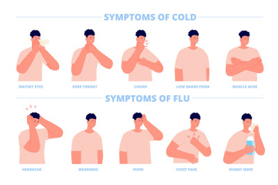 Cold or flu symptoms. Sick symptom, man ill influenza. Guy has fever c