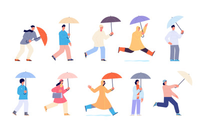 People with umbrella. Autumn rain umbrellas, woman walking rainy day.