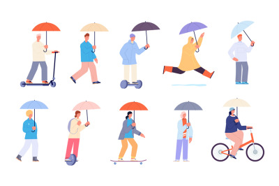 Rainy day characters. Raincoat and umbrella for people. Worker on bike