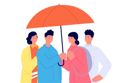 Friends with umbrella. Friendship support, people caring each other. F