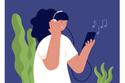 Girl listen music. Person in headphones, cartoon woman listening audio