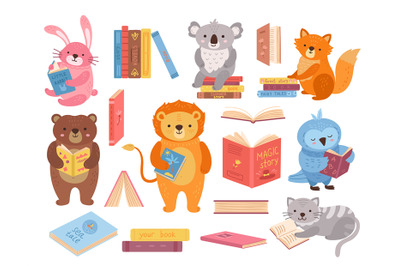 Cute animals with books. Animal read&2C; book stacks. School study charac