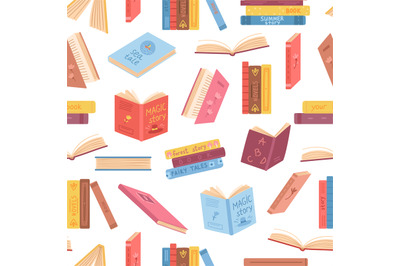 Books seamless pattern. Opened book, notebook stacks. Literature backg