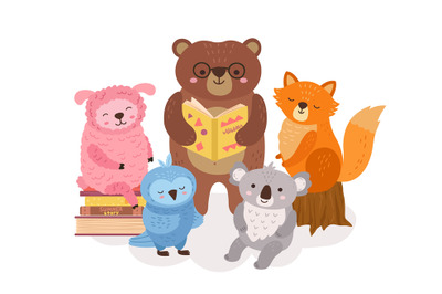 Cute animals reading. Wild animal read books, funny bear holding book.