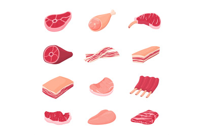 Meat products. Fresh tasty meats, isolated raw beef pork ribs. Chicken