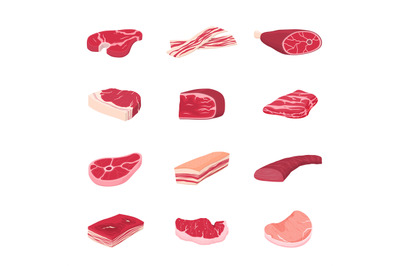 Raw meat collection. Flat meats icons, food cooked pork. Isolated fres