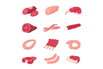 Meat sausage. Fresh raw meats, sausages and uncooked pork. Cartoon din