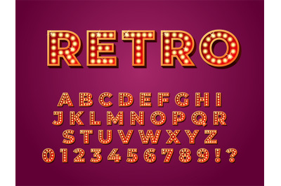 Light bulb font. Lamp text, retro bulbs abc letters for circus or nigh