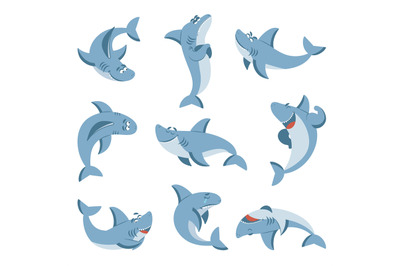 Cartoon shark. Graphic sharks, cute fish for boys kids. Summer sea wil