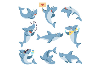 Cute sharks set. Ocean life, isolated shark scary. Underwater cartoon