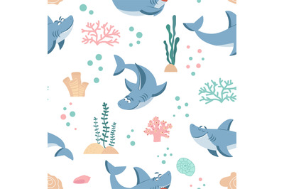 Sharks pattern. Seamless shark print, cute ocean fish wrapping. Marine