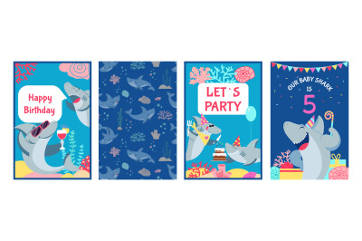 Shark cards. Cute character sharks&2C; baby birthday invitation. Childish