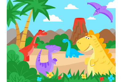 Prehistoric landscape. Cartoon dinosaur nature walk, jurassic cute mon