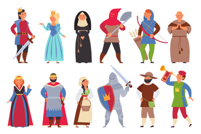 Medieval characters. Flat knight, man king and princess. Cute boy, act