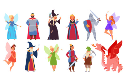 Fairy tale clipart. Medieval magician characters, cartoon fairy girl d