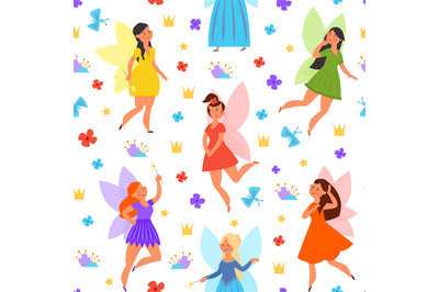 Magic fairy pattern. Cute fairies&2C; princess flying on butterfly wings.