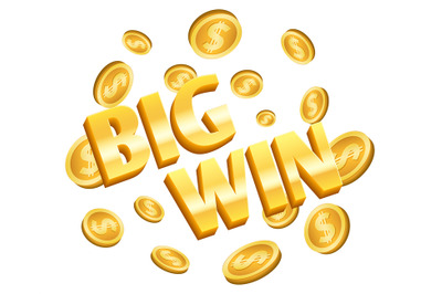 Big win banner. Gold coins, winner lottery isolated label with flying