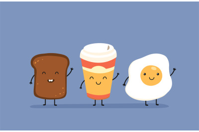 Breakfast say hello. Cute kawaii fried egg, bread toast and mug of cof