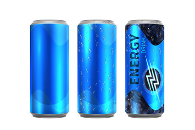 Energy drink metal can. Realistic aluminium cans of cold coffee. Drink